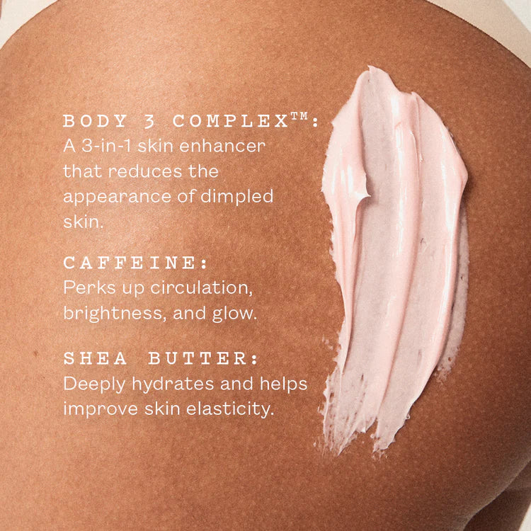 Rosafarbene Textur der FRANK BODY Firming Body Cream auf gebräunter Haut mit Beschreibung der Inhaltsstoffe