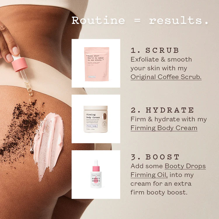 3-Schritt-Routine für die FRANK BODY Firming Body Cream mit Produktbildern, Kaffeesatz und Creme auf der Haut