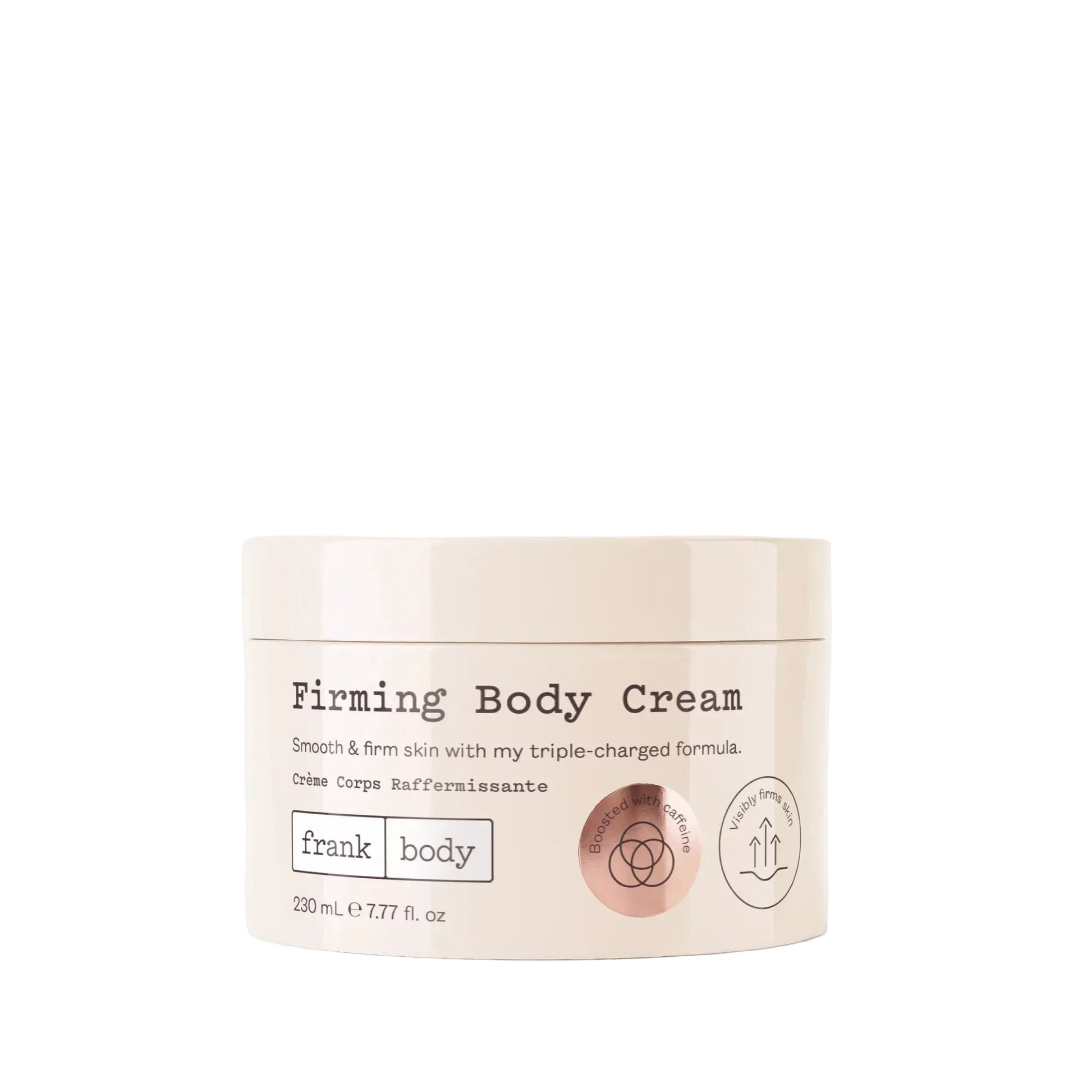Beiger Tiegel der FRANK BODY Firming Body Cream 230ml vor weissem Hintergrund