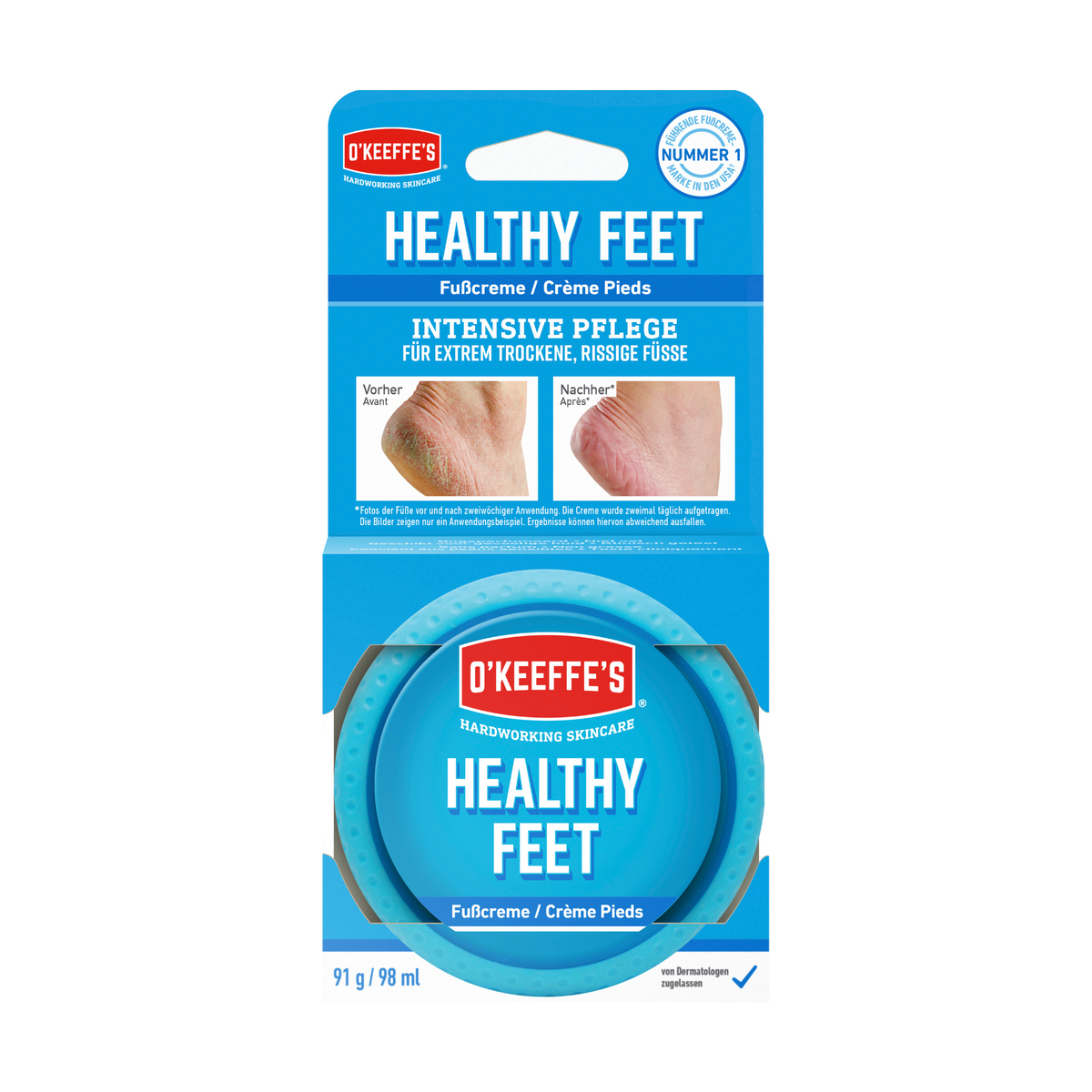 O'KEEFFE'S Fusscreme Healthy Feet in blauer Verpackung mit Vorher-Nachher-Bildern einer rissigen Ferse und Cremedose