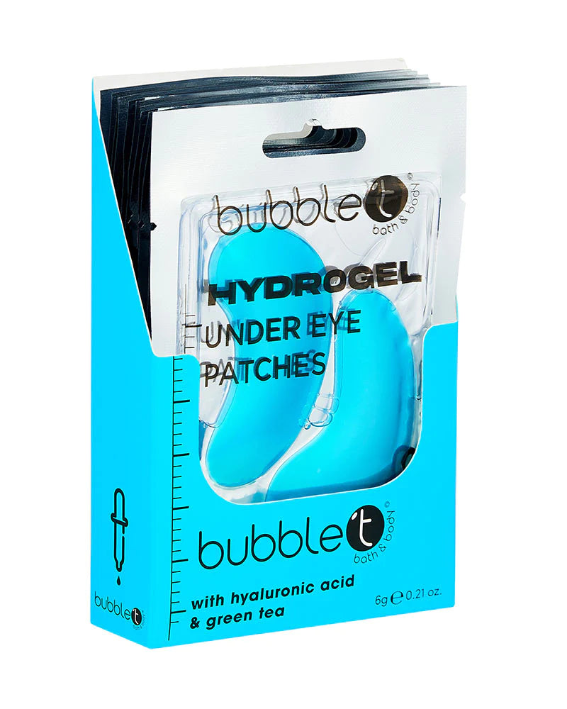 Verpackung der BUBBLE T Hydrogel Eye Patches mit Hyaluron & Grüntee. Zwei blaue Augenpads sind sichtbar. Die Packung ist hellblau und weiß.