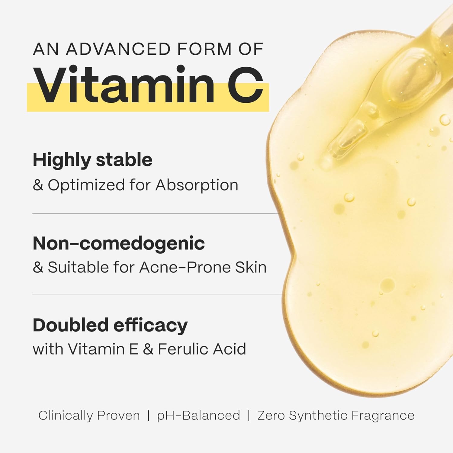 Close-up do sérum de vitamina C MAD HIPPIE amarelo com pipeta e uma lista de benefícios, como vitamina E e ácido ferúlico