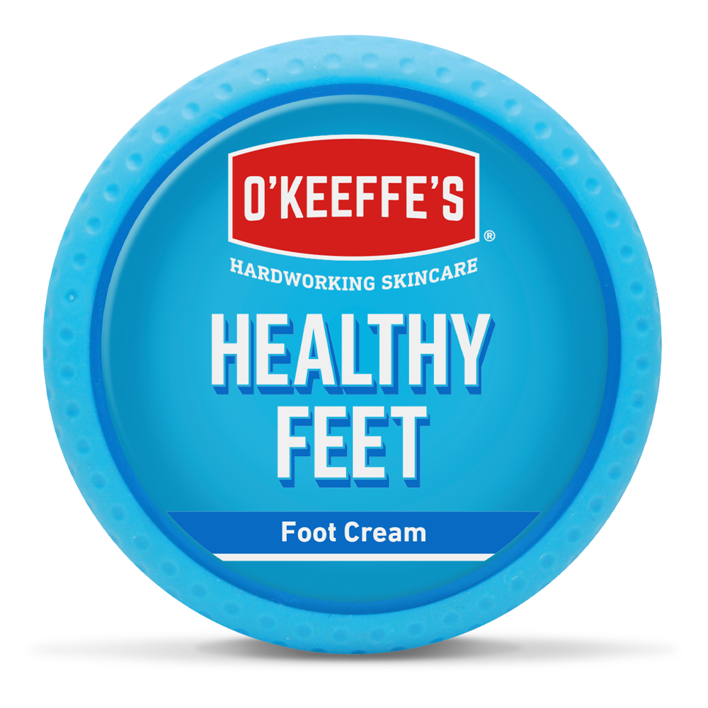 Draufsicht auf den runden, hellblauen Deckel der O'KEEFFE'S Fusscreme Healthy Feet mit genopptem Rand