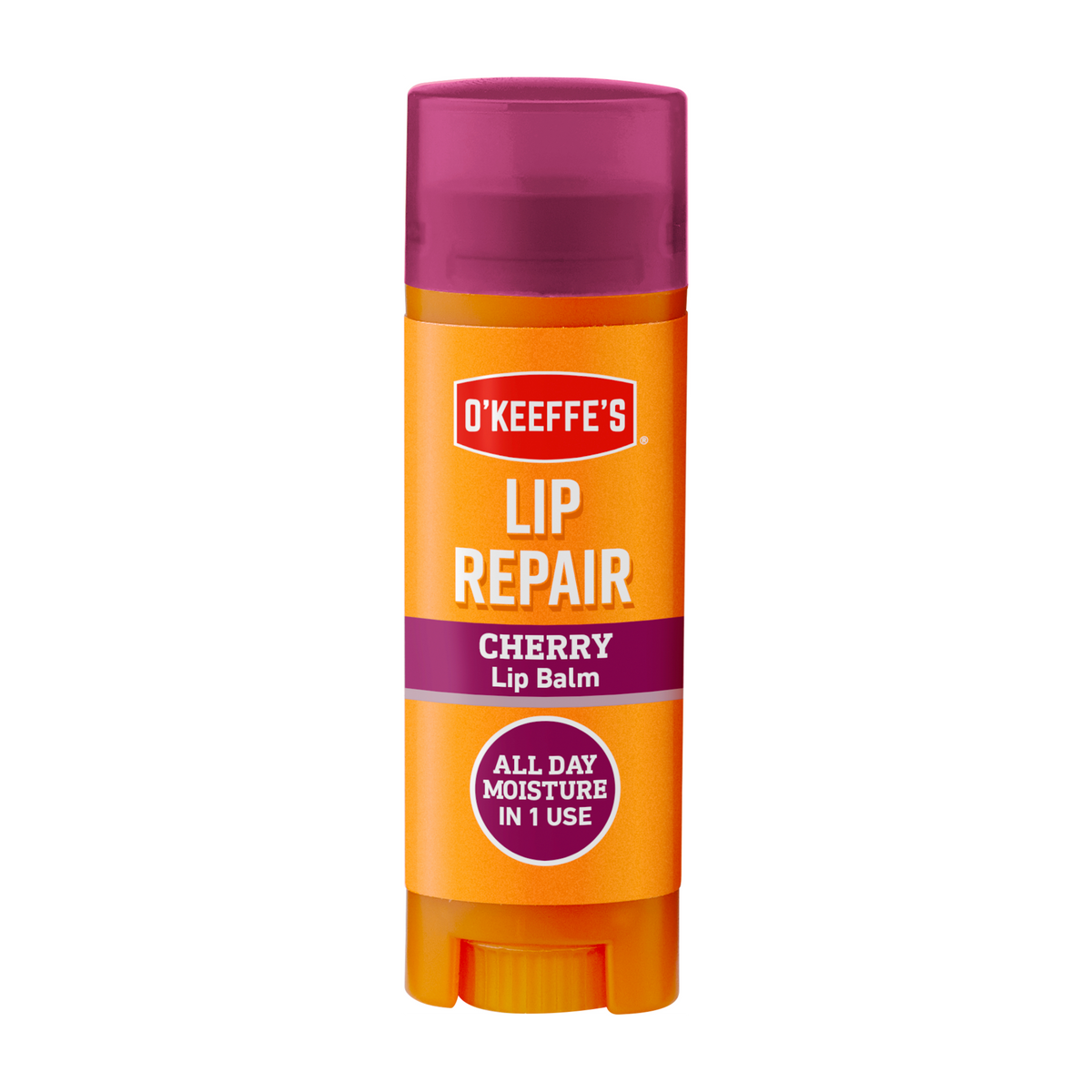O'KEEFFE'S Lip Repair Lippenbalsam Cherry in orangefarbener Hülse mit pinkfarbener Kappe vor schwarzem Hintergrund