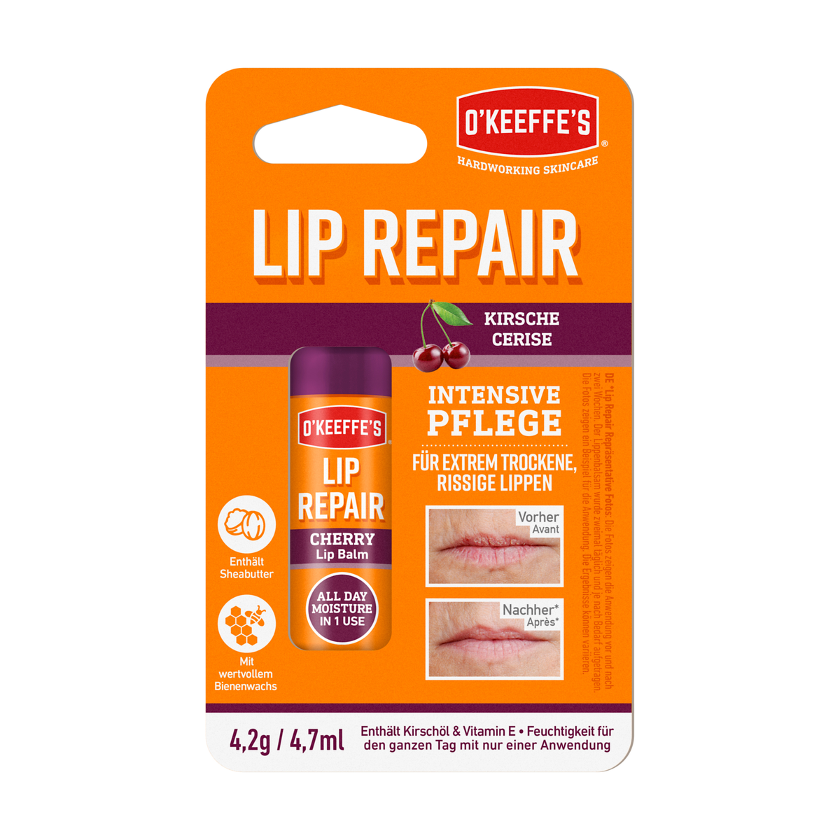 O'KEEFFE'S Lip Repair Lippenbalsam Cherry in orangefarbener Blisterverpackung mit Vorher-Nachher-Bildern der Lippen