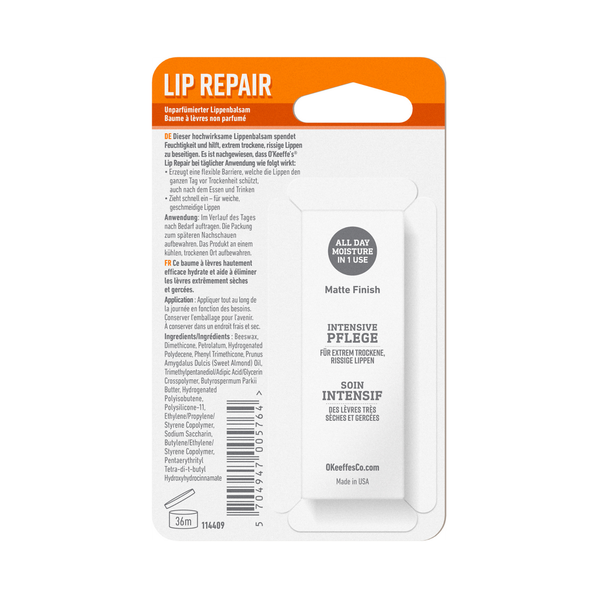 Rückseite der O'KEEFFE'S Lip Repair Lippenpflege unparfümiert Verpackung mit Anwendungshinweisen und Barcode