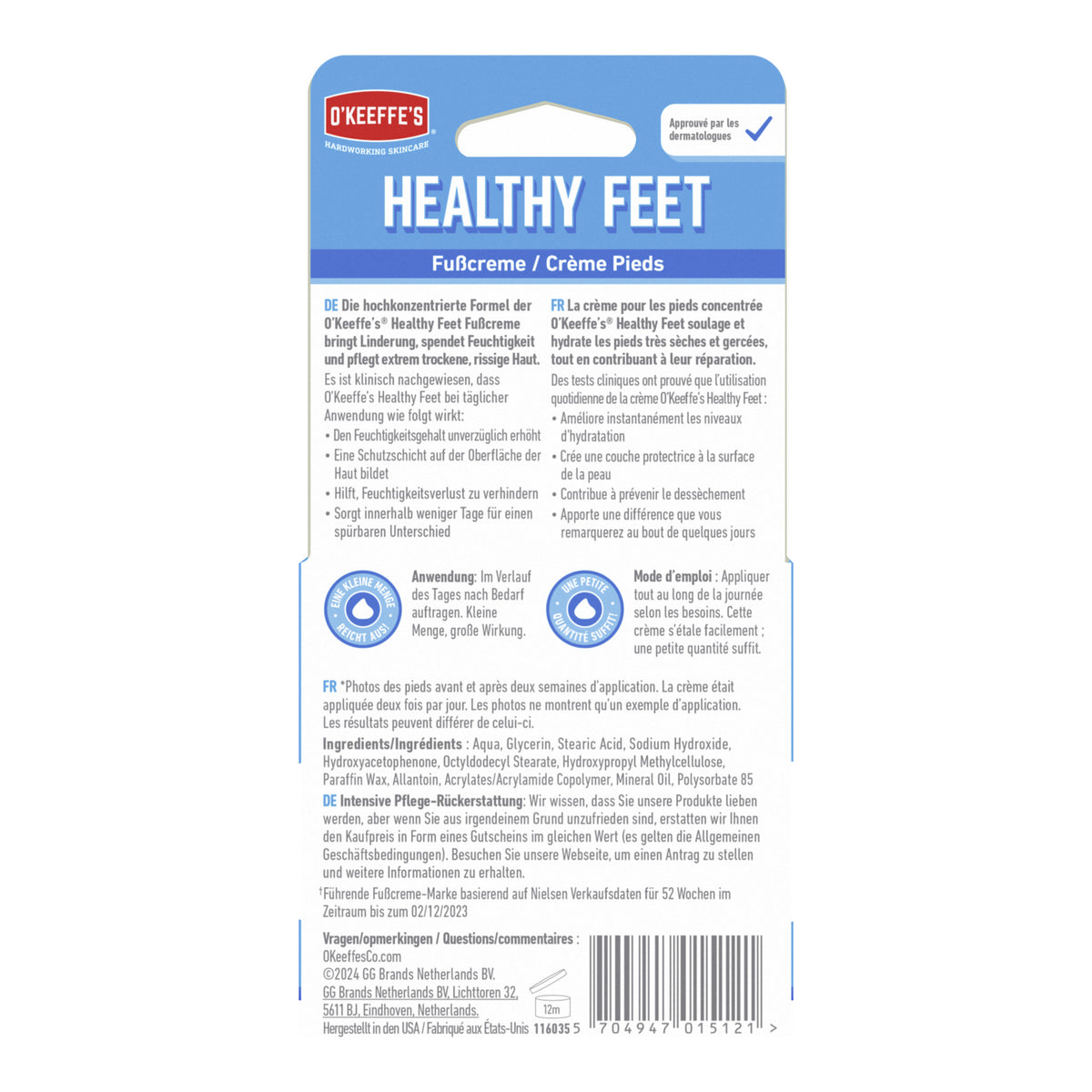 O'KEEFFE'S Healthy Feet Fusscreme Tiegel 91 g, Rückseite der Verpackung