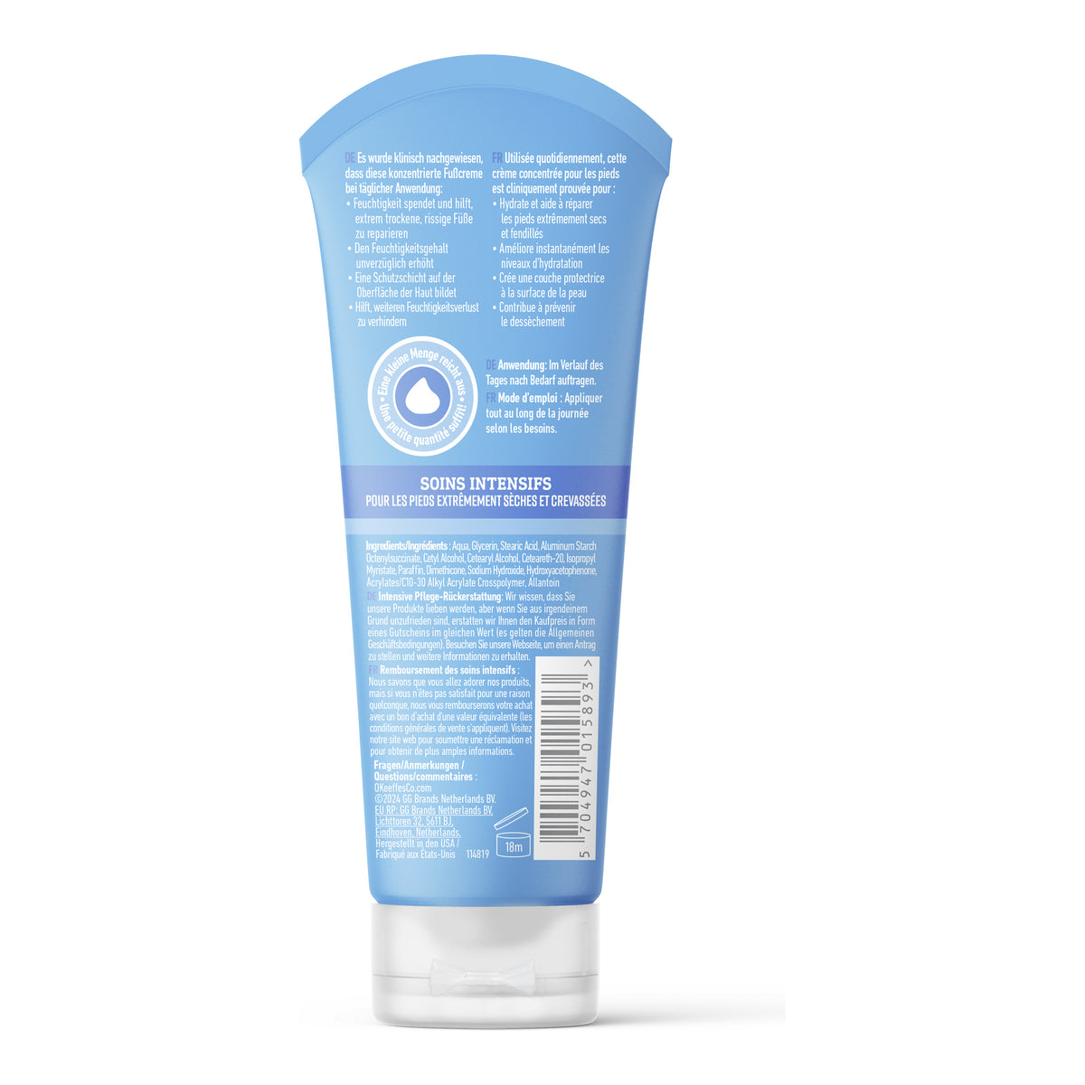 O'KEEFFE'S Healthy Feet Fusscreme Tube 80 ml, Rückseite mit Anwendung und Inhaltsstoffen