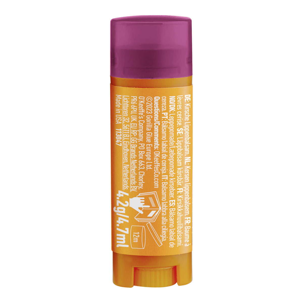 O'KEEFFE'S Lip Repair Lippenbalsam Cherry, Stift Rückseite mit Inhaltsstoffen