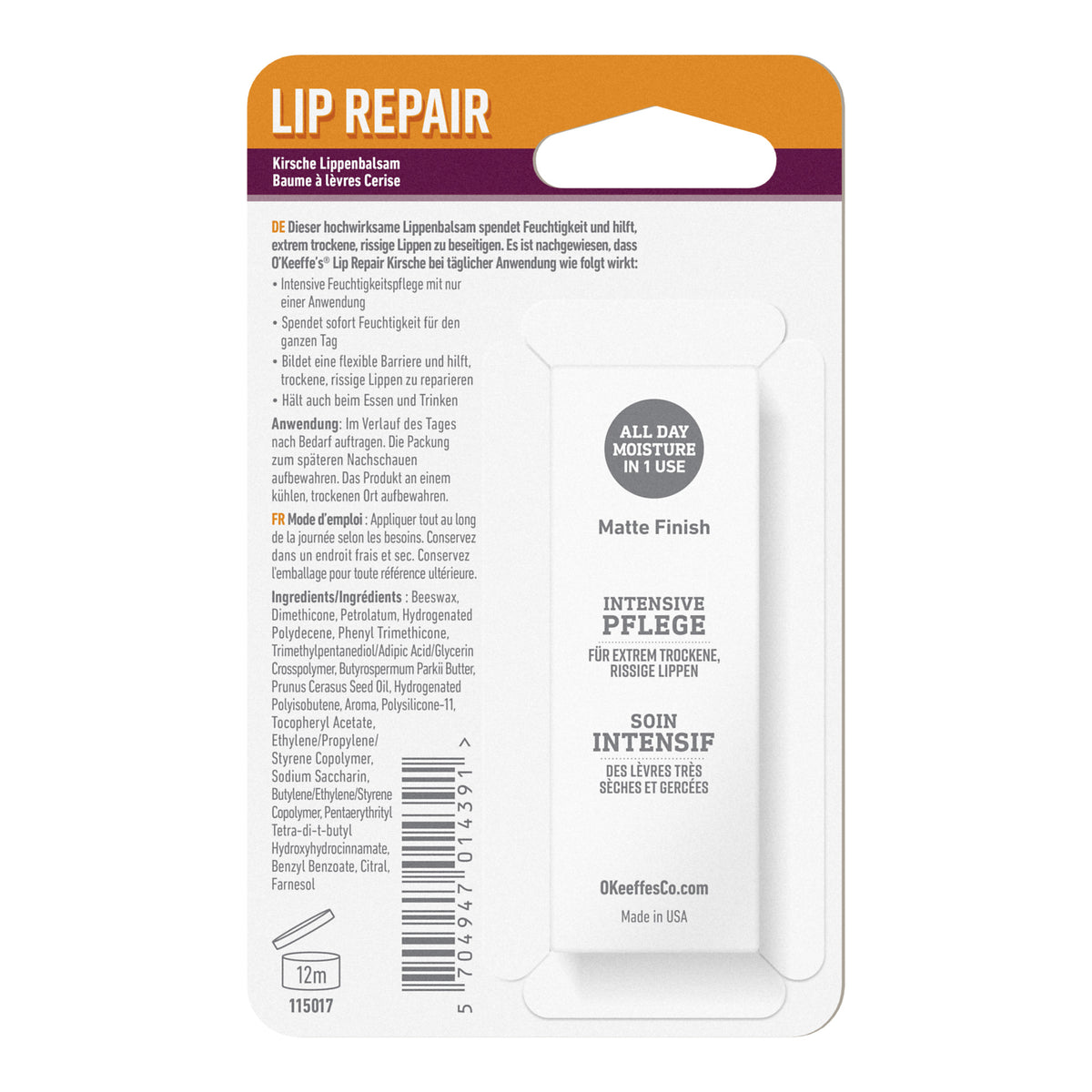O'KEEFFE'S Lip Repair Lippenbalsam Cherry, Rückseite der Verpackung