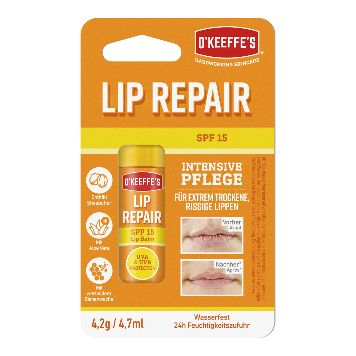 O'KEEFFE'S Lip Repair Lippenbalsam SPF 15, 4,2 g in der Verkaufsverpackung