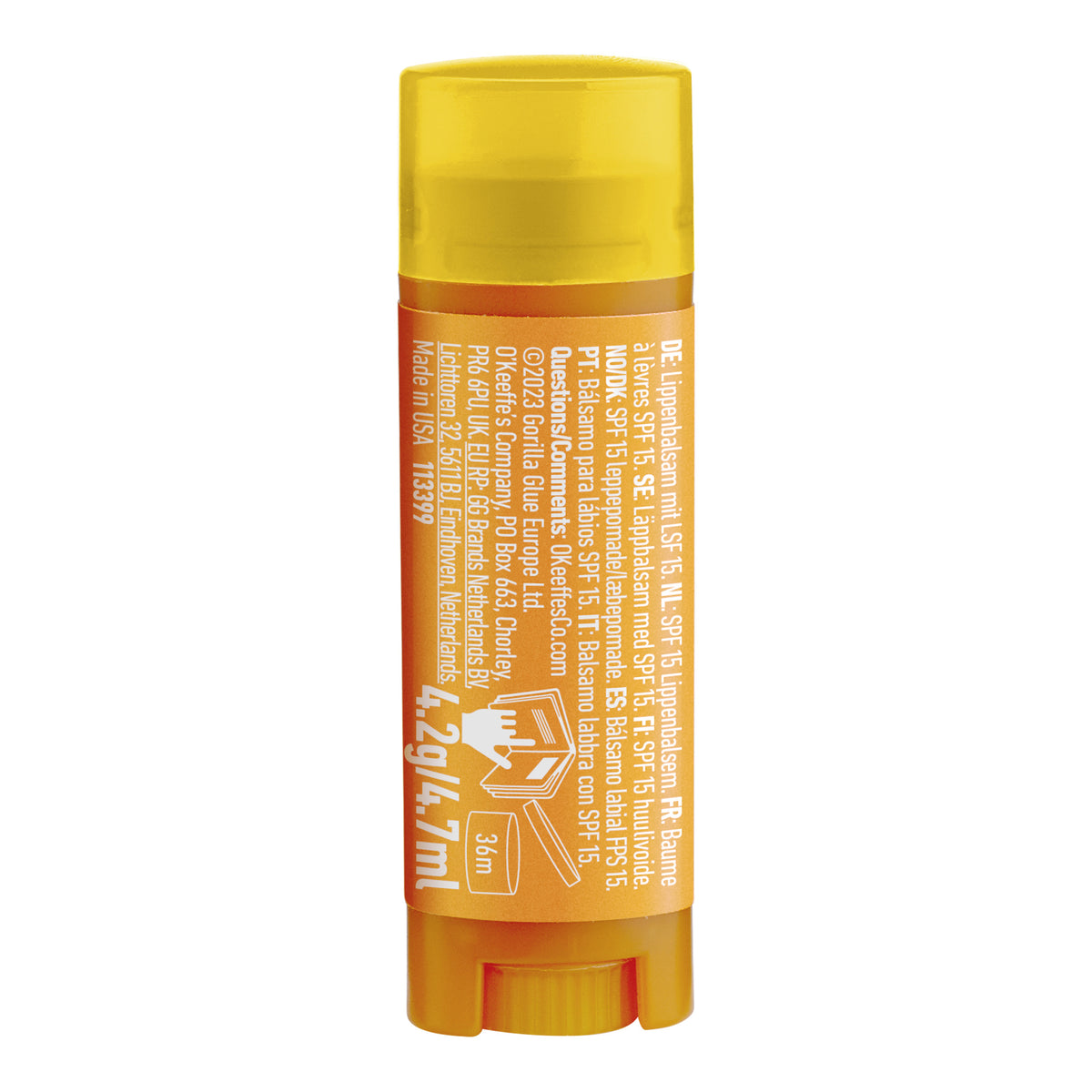 O'KEEFFE'S Lip Repair Lippenbalsam SPF 15, Stift Rückseite mit Inhaltsstoffen
