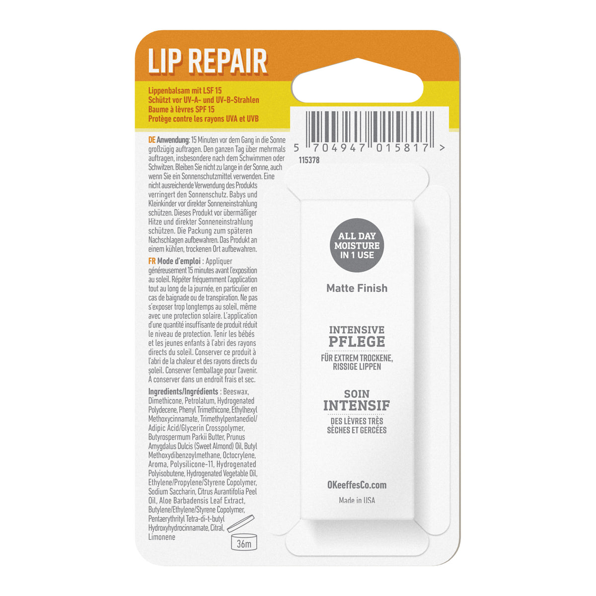 O'KEEFFE'S Lip Repair Lippenbalsam SPF 15, Rückseite der Verpackung