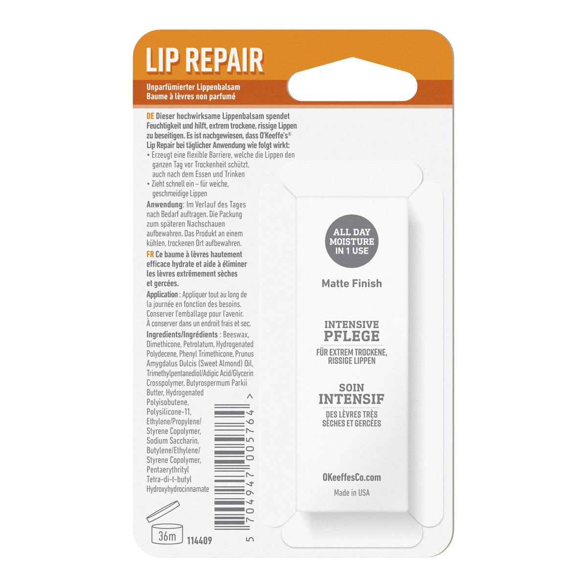 O'KEEFFE'S Lip Repair Lippenpflege unparfümiert, Rückseite der Verpackung