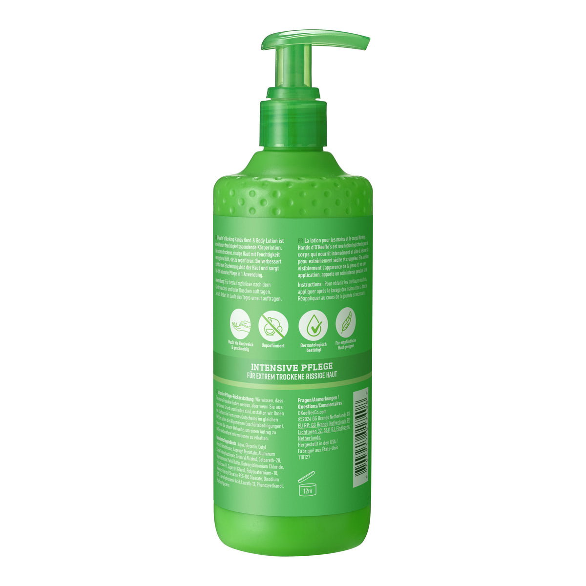 O'KEEFFE'S Working Hands Hand & Bodylotion 315 ml, Rückseite mit Anwendung und Inhaltsstoffen