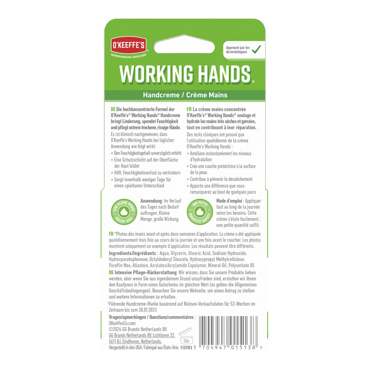 O'KEEFFE'S Working Hands Handcreme Tiegel 96 g, Rückseite der Verpackung mit Anwendung und Inhaltsstoffen