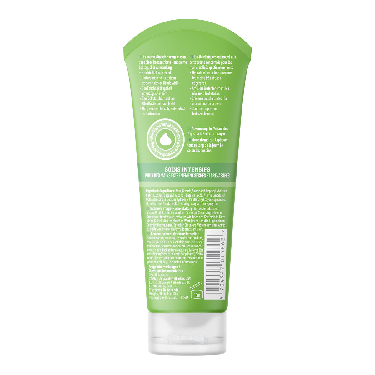O'KEEFFE'S Working Hands Handcreme Tube 80 ml, Rückseite mit Anwendung und Inhaltsstoffen