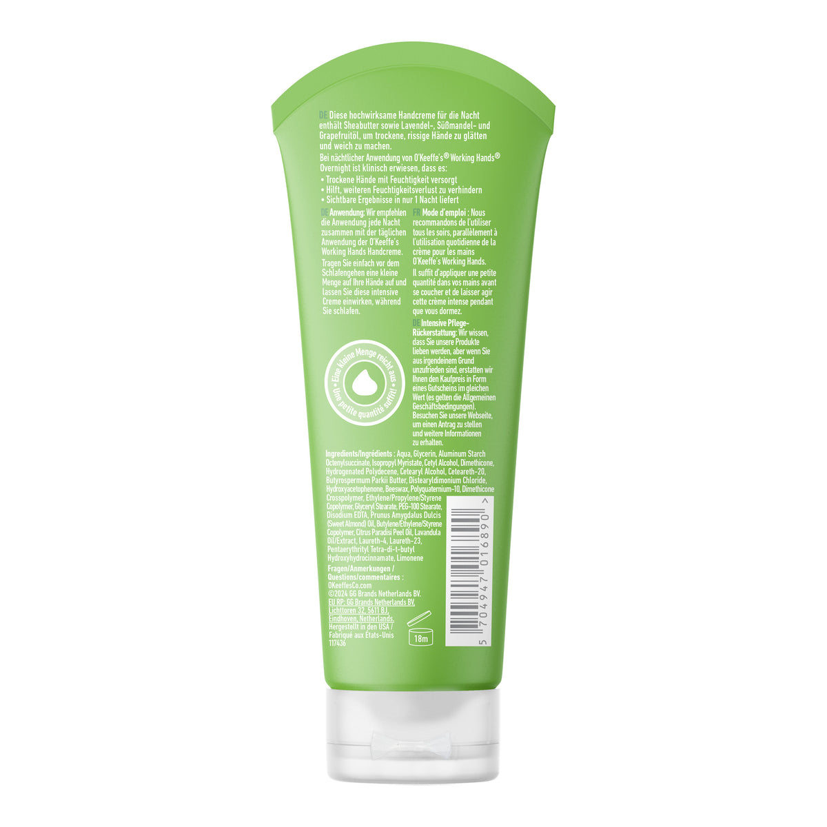 O'KEEFFE'S Working Hands Overnight Handcreme Tube 80 ml, Rückseite mit Anwendung und Inhaltsstoffen