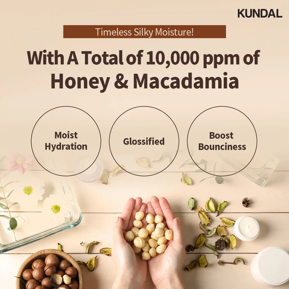 Werbung für Haarprodukte mit Honig und Macadamia. Hände halten Macadamias, daneben ein Schälchen mit Nüssen, Blüten und Cremetiegel. Kreise betonen "Moist Hydration", "Glossified" und "Boost Bounciness".