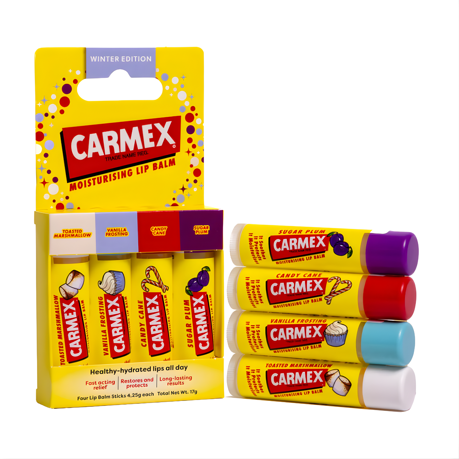 Gelbe Carmex Winteredition mit vier Lippenpflegestiften: Toasted Marshmallow, Vanilla Frosting, Candy Cane, Sugar Plum. Die Stifte stehen daneben.
