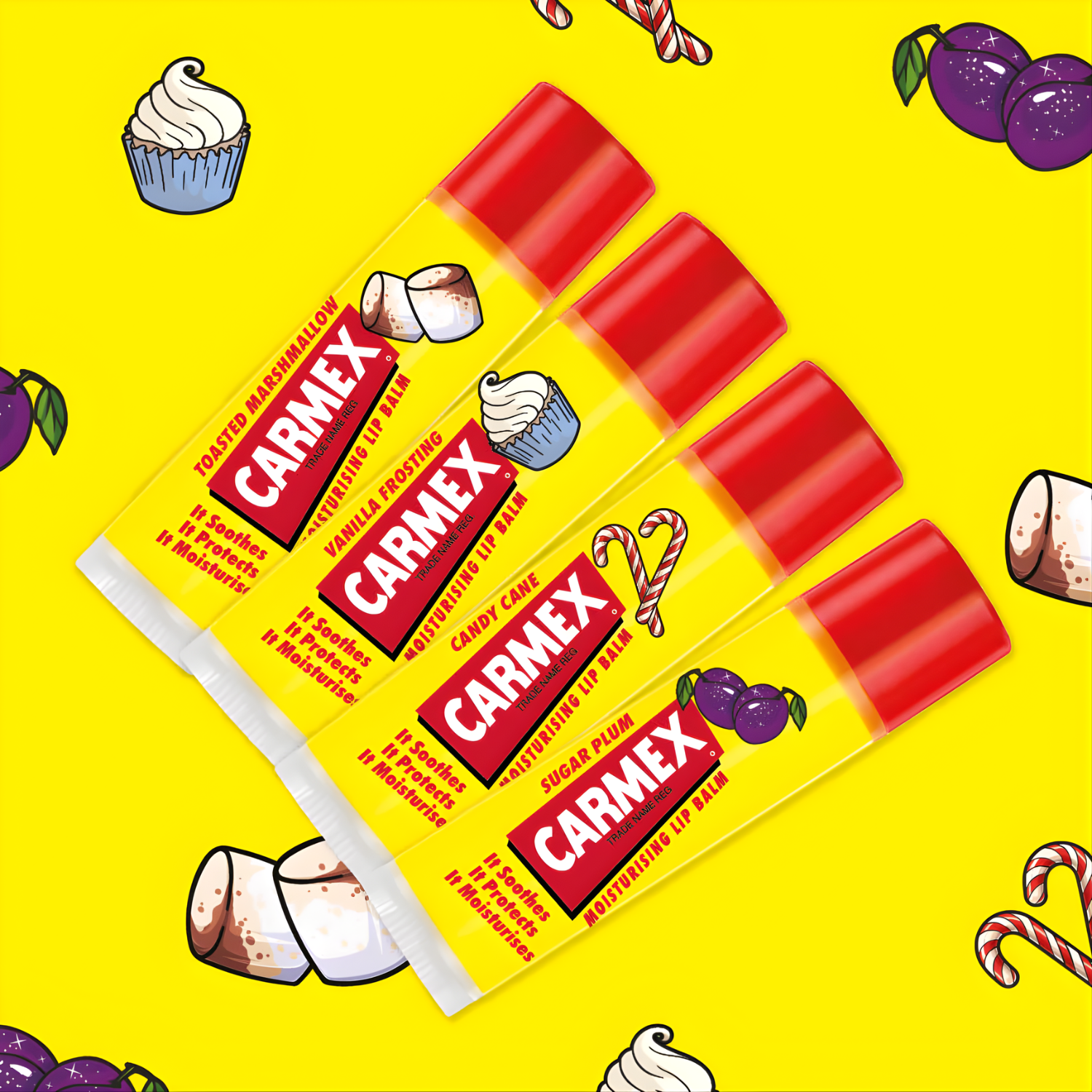 Vier Carmex Lippenbalsam in Marshmallow, Vanille, Zuckerstange und Pflaume auf gelbem Hintergrund mit passenden Symbolen.