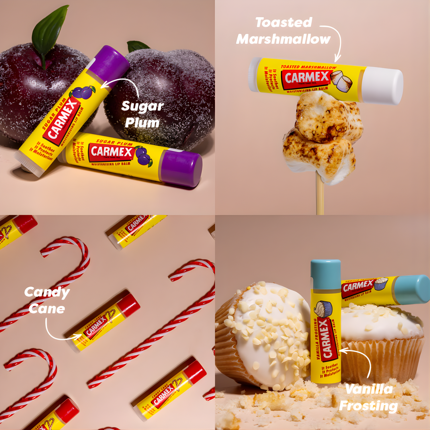 Collage mit vier Bildern: Lippenpflegestifte von Carmex in verschiedenen Geschmacksrichtungen neben passenden Süßigkeiten, z.B. Zuckerpflaume, Marshmallow, Zuckerstange und Vanille.