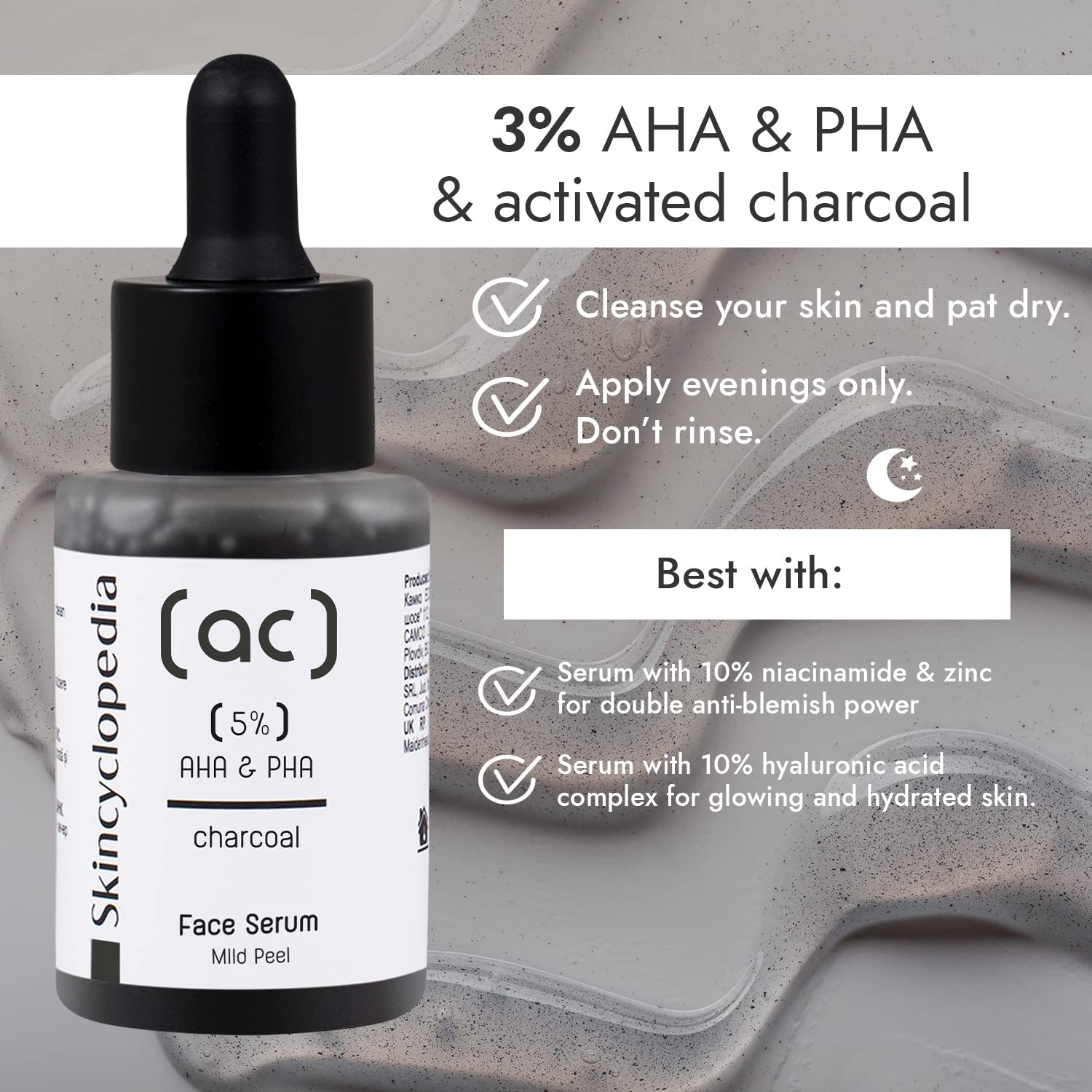 SKINCYCLOPEDIA Face Serum with Charcoal 5% AHA + PHA Complex